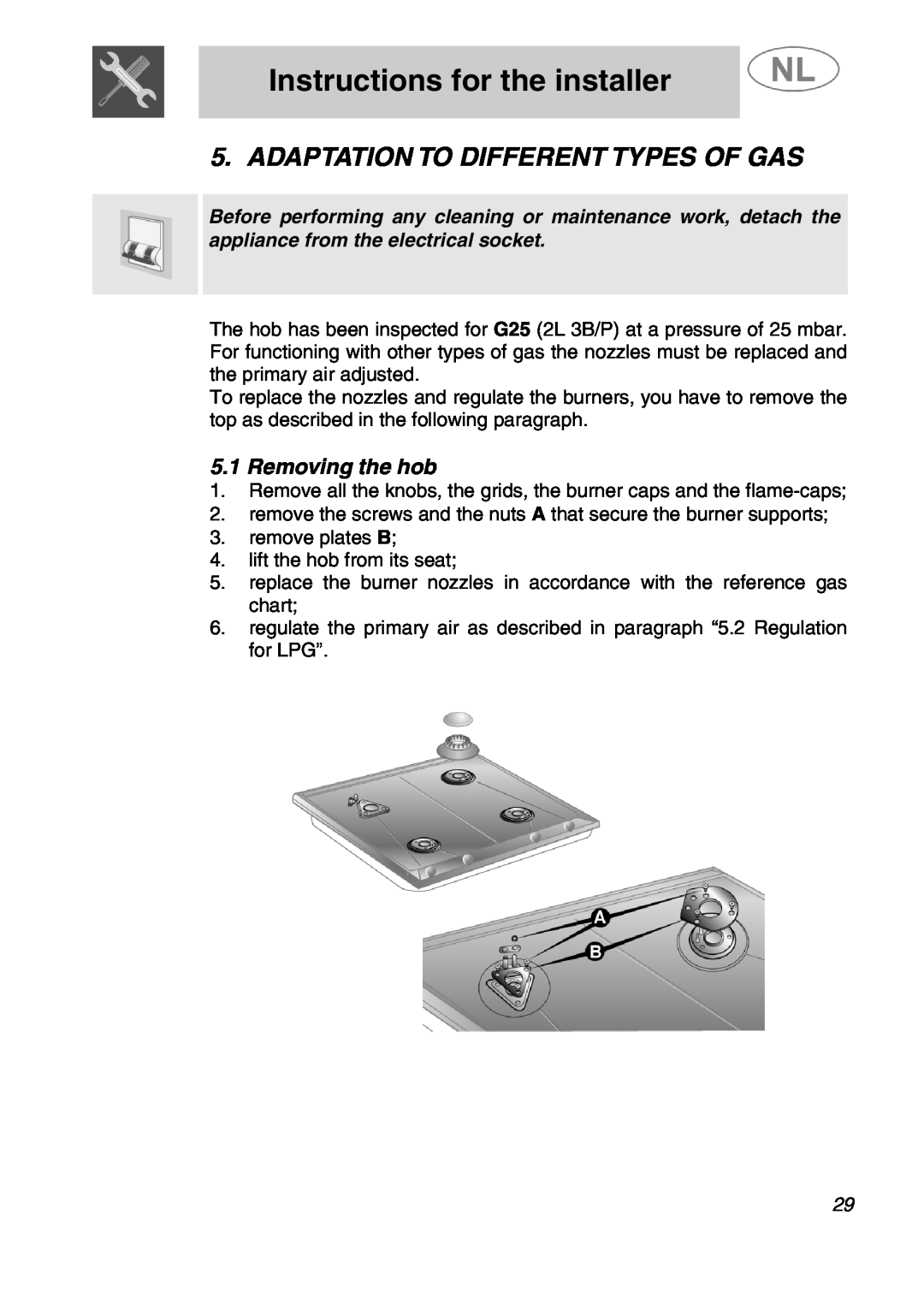 Smeg SLRV596X1 manual Adaptation To Different Types Of Gas, Removing the hob, Instructions for the installer 