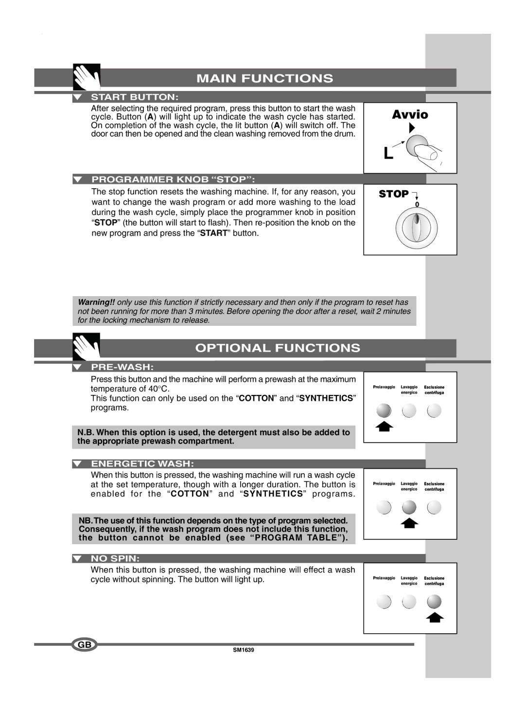 Smeg SM1634 manual Main Functions, Optional Functions 