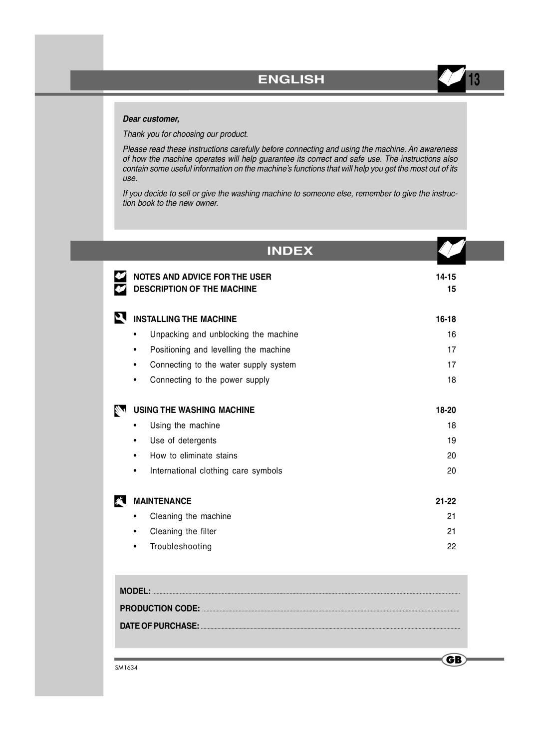 Smeg SM1634 manual English, Index, Cleaning the machine Cleaning the filter Troubleshooting 