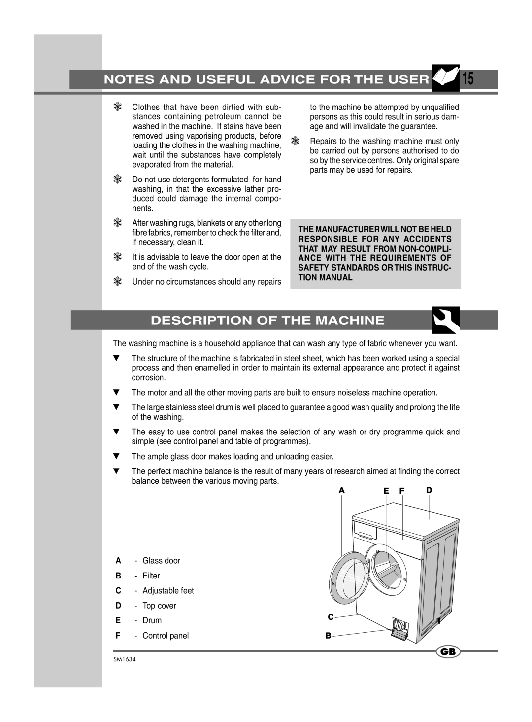 Smeg SM1634 manual Description of the Machine, Drum 