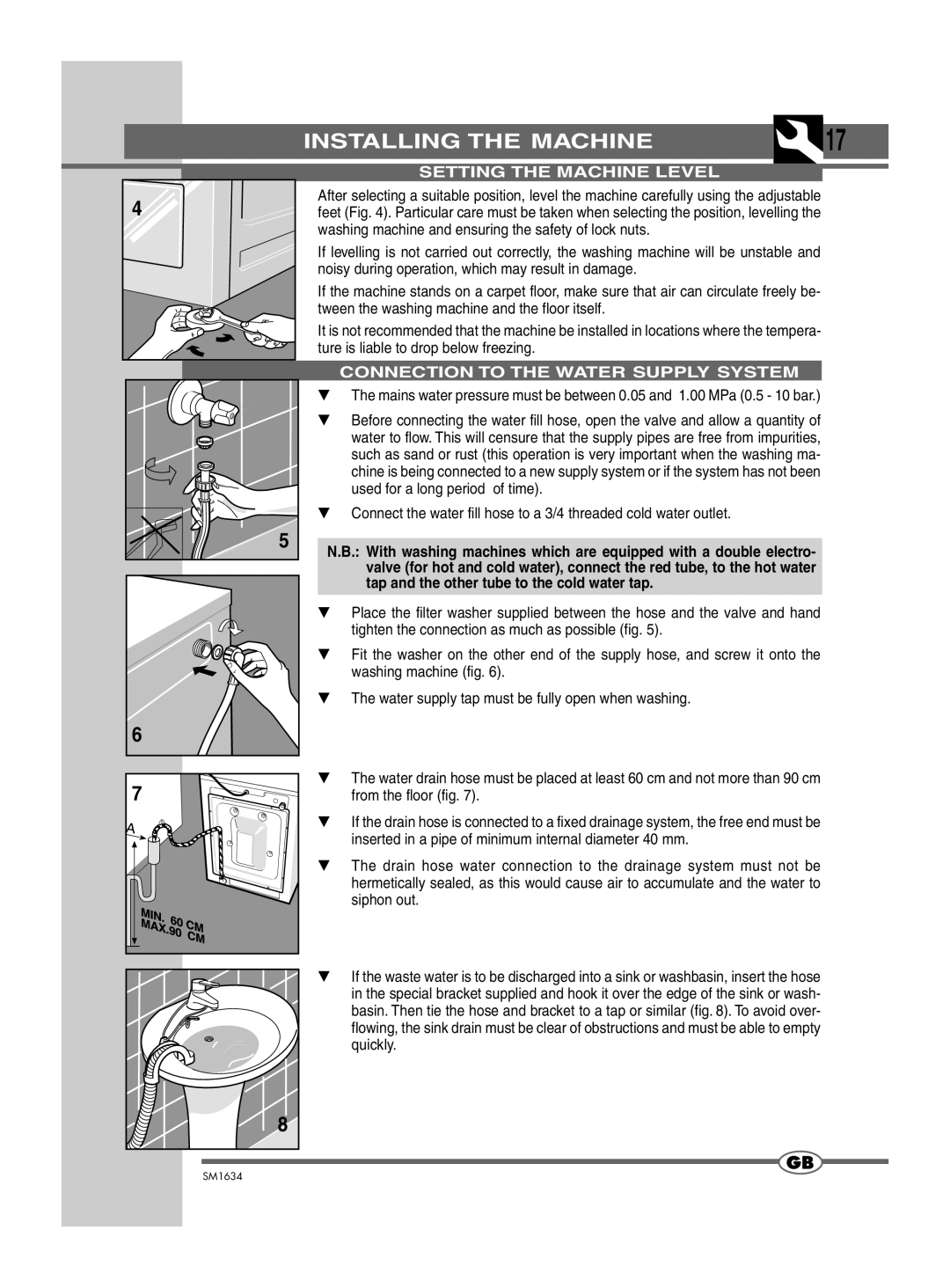 Smeg SM1634 manual Setting the Machine Level, Connection to the Water Supply System 