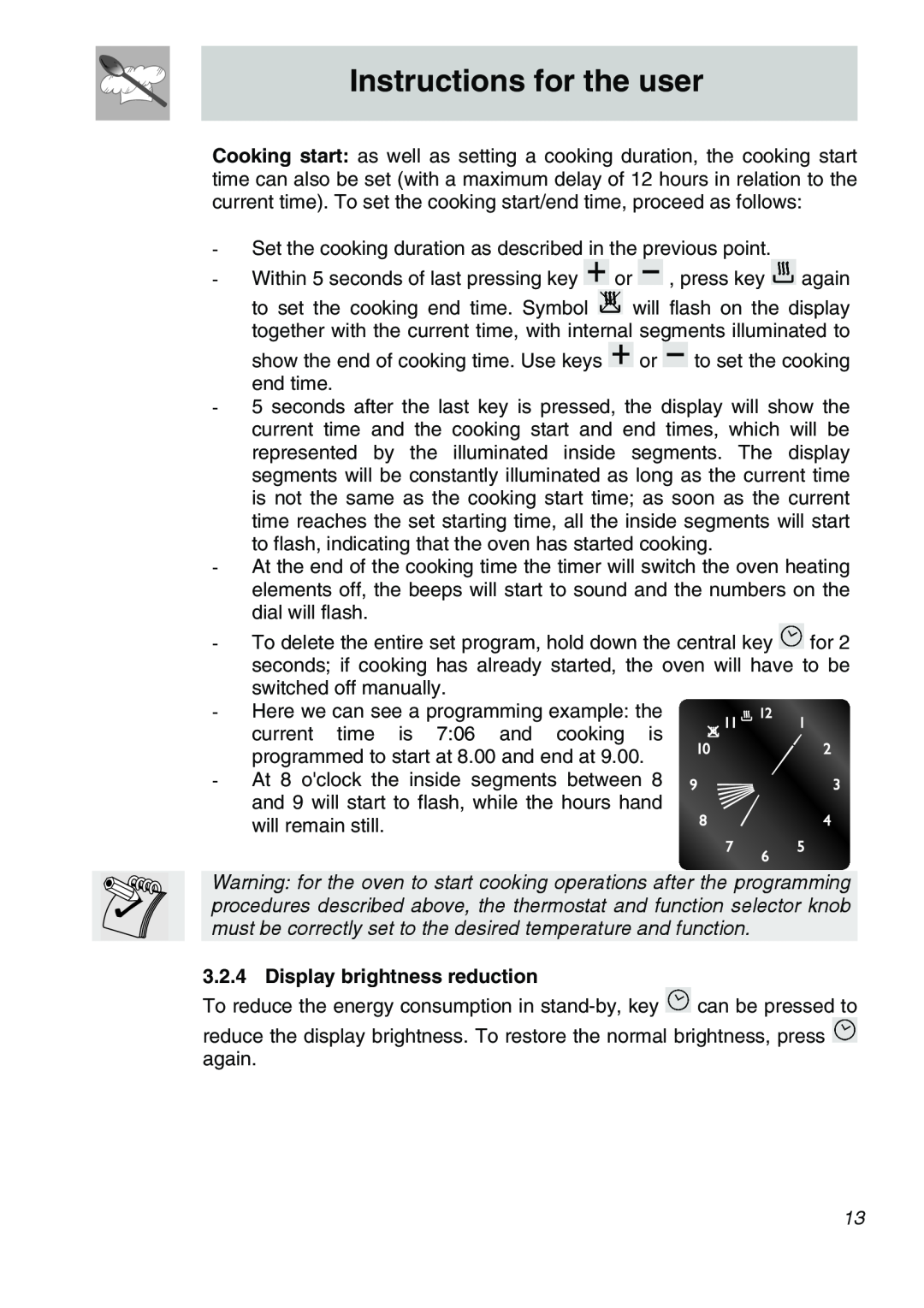 Smeg Smeg Electric Wall Oven, SCA706X manual Instructions for the user, Display brightness reduction 