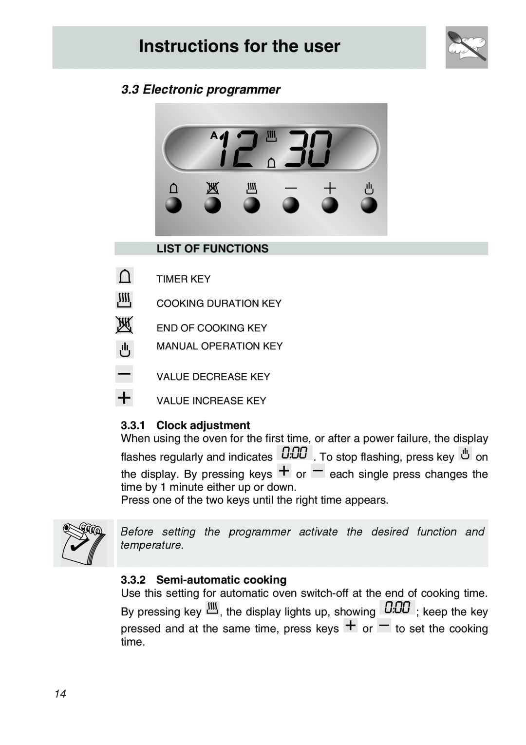 Smeg SCA706X Electronic programmer, Instructions for the user, List Of Functions, Clock adjustment, Semi-automaticcooking 