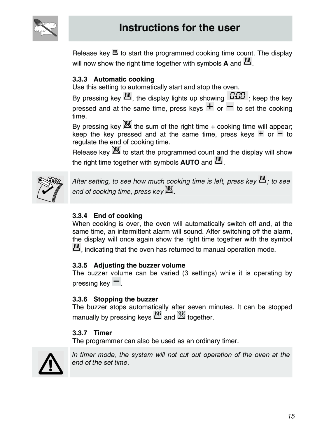 Smeg Smeg Electric Wall Oven Instructions for the user, Automatic cooking, End of cooking, Adjusting the buzzer volume 