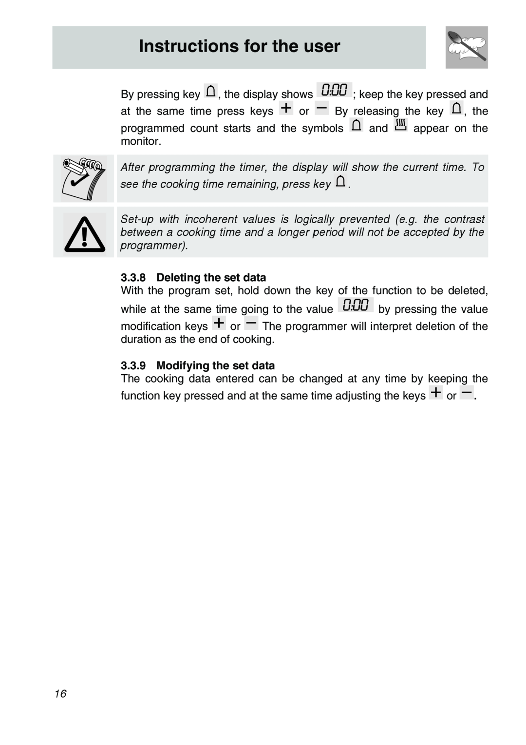 Smeg SCA706X, Smeg Electric Wall Oven manual Instructions for the user, Deleting the set data, Modifying the set data 