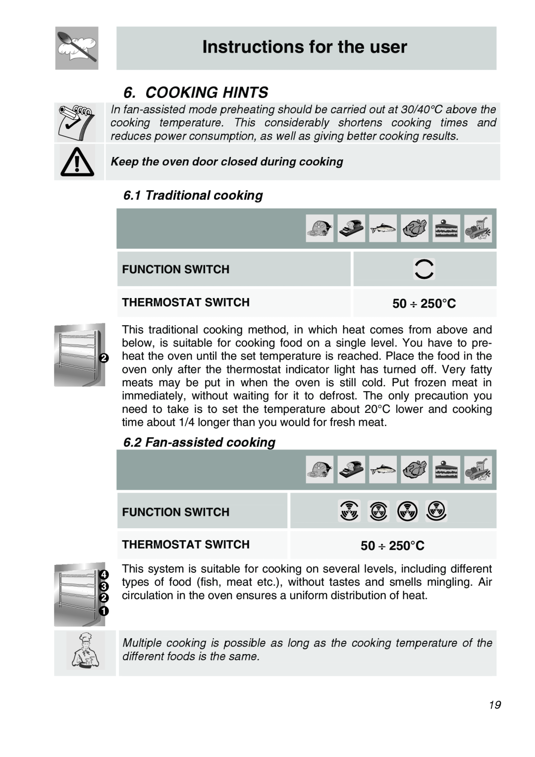 Smeg Smeg Electric Wall Oven Cooking Hints, Traditional cooking, 50 ⎟ 250C, Fan-assistedcooking, Instructions for the user 