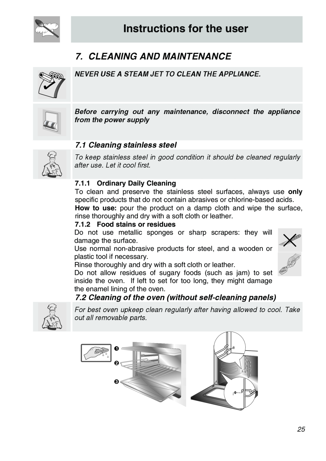 Smeg Smeg Electric Wall Oven, SCA706X manual Cleaning And Maintenance, Cleaning stainless steel, Instructions for the user 