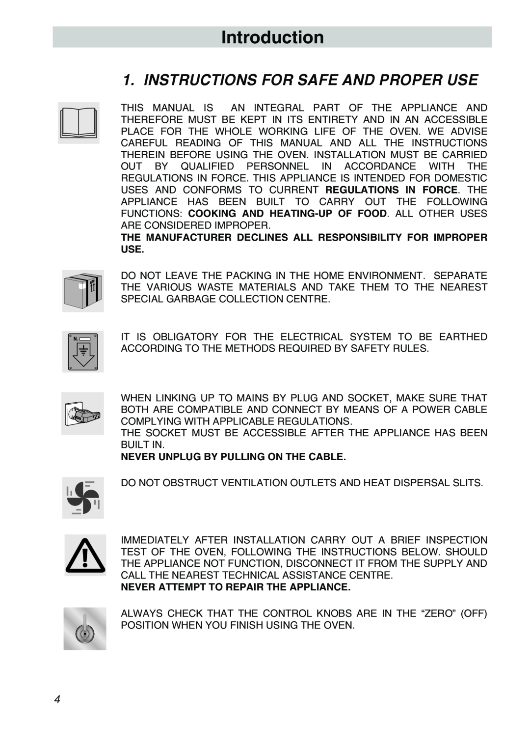 Smeg SCA706X manual Introduction, Instructions For Safe And Proper Use, Never Unplug By Pulling On The Cable 