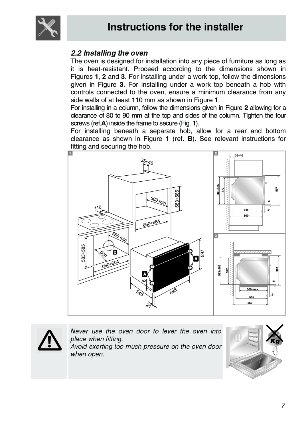 Smeg Smeg Electric Wall Oven, SCA706X manual Installing the oven, Instructions for the installer 