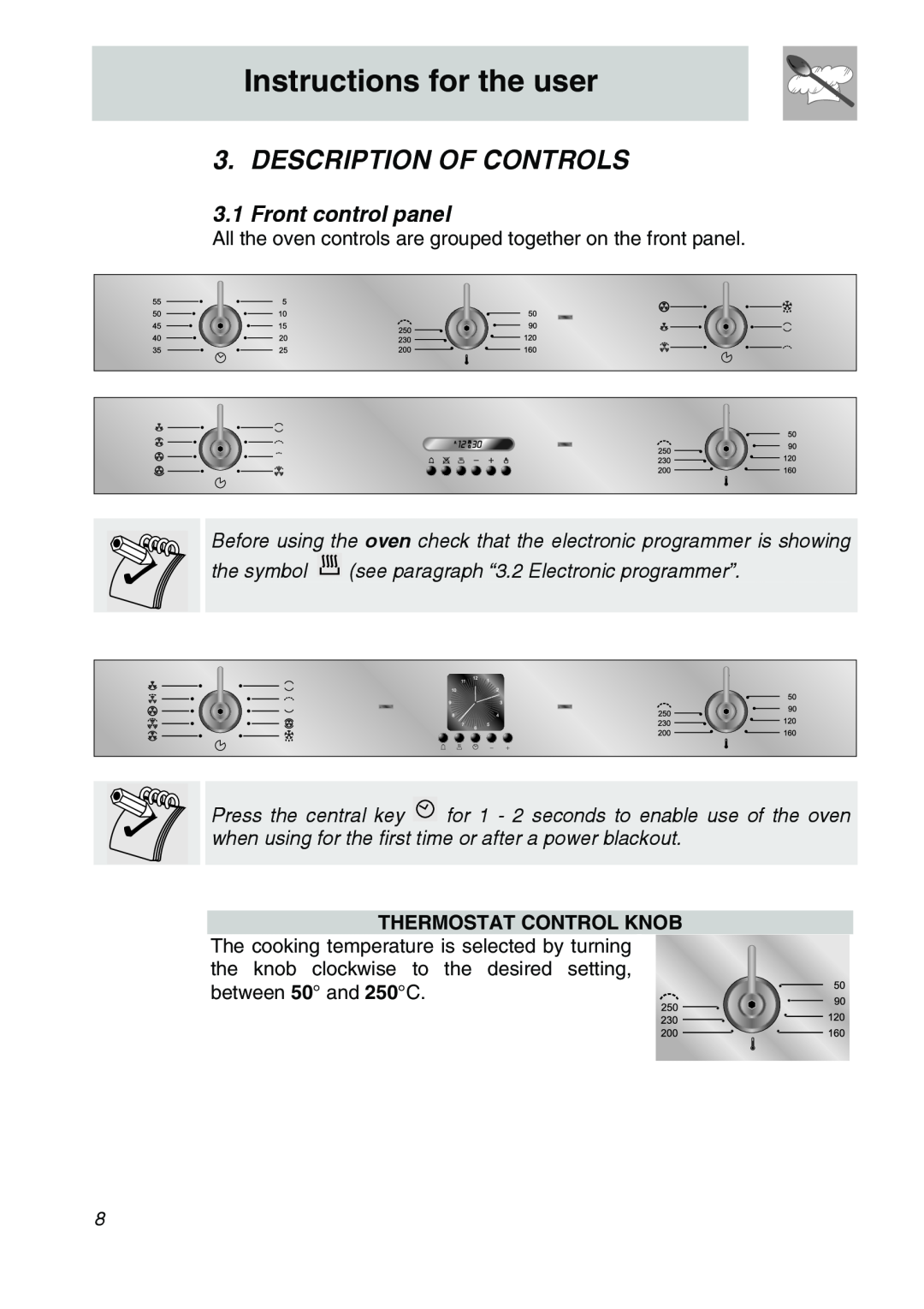 Smeg SCA706X manual Instructions for the user, Description Of Controls, Front control panel, Thermostat Control Knob 