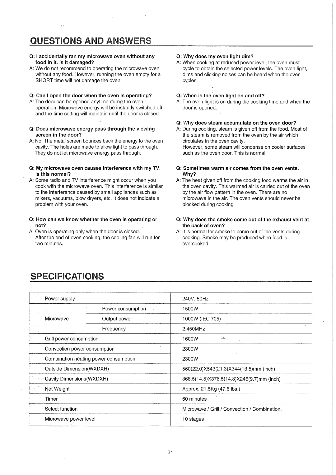 Smeg SA987CX, smeg Microwave Convection/grill Oven manual 