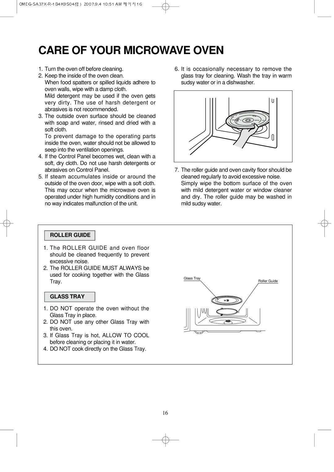 Smeg SA37X, smeg microwave manual Care of Your Microwave Oven, Roller Guide, Glass Tray 