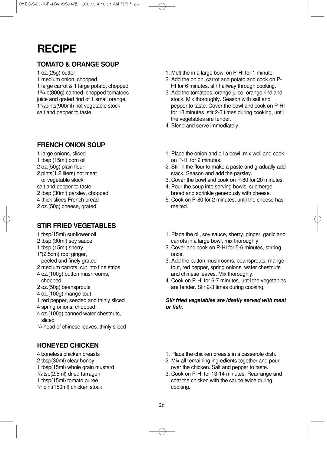 Smeg SA37X, smeg microwave manual Recipe, Tomato & Orange Soup, French Onion Soup, Stir Fried Vegetables, Honeyed Chicken 