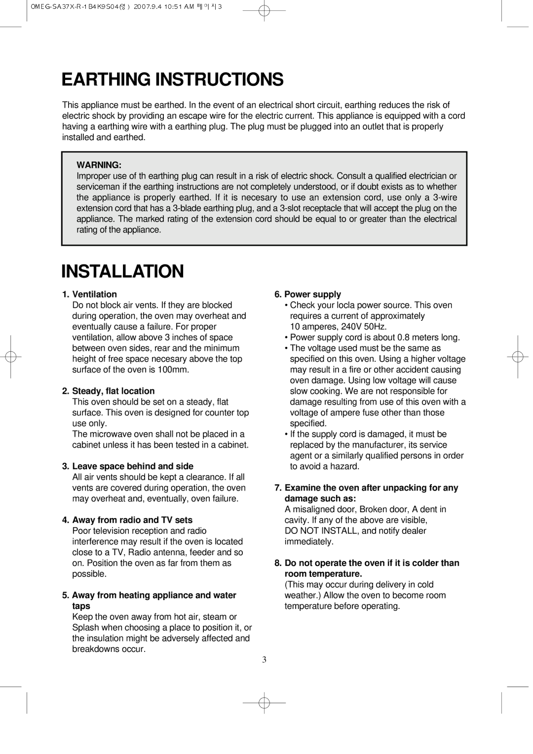 Smeg smeg microwave, SA37X manual Earthing Instructions, Installation 