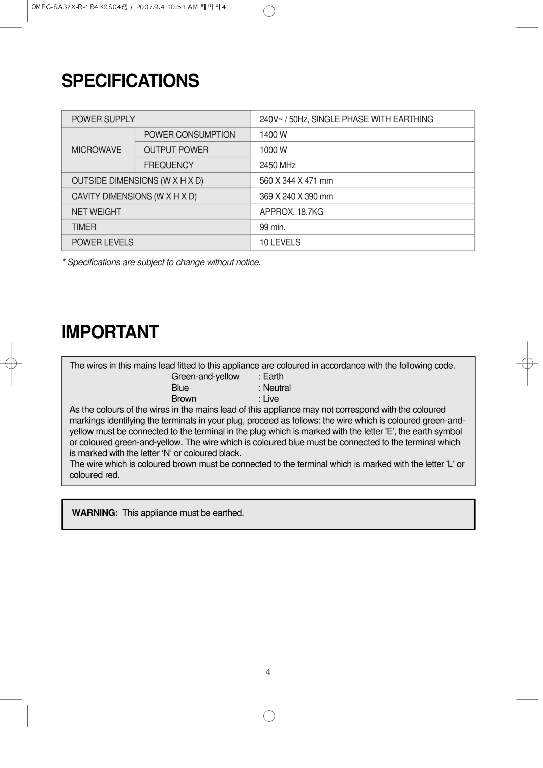 Smeg SA37X, smeg microwave manual Specifications are subject to change without notice 