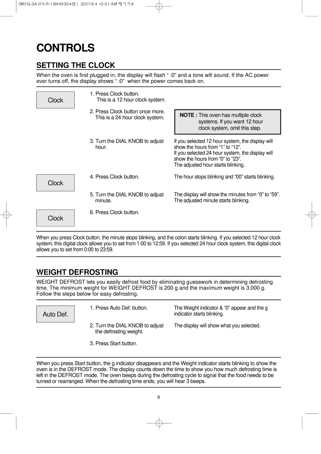 Smeg SA37X, smeg microwave manual Controls, Setting the Clock, Weight Defrosting, Auto Def 