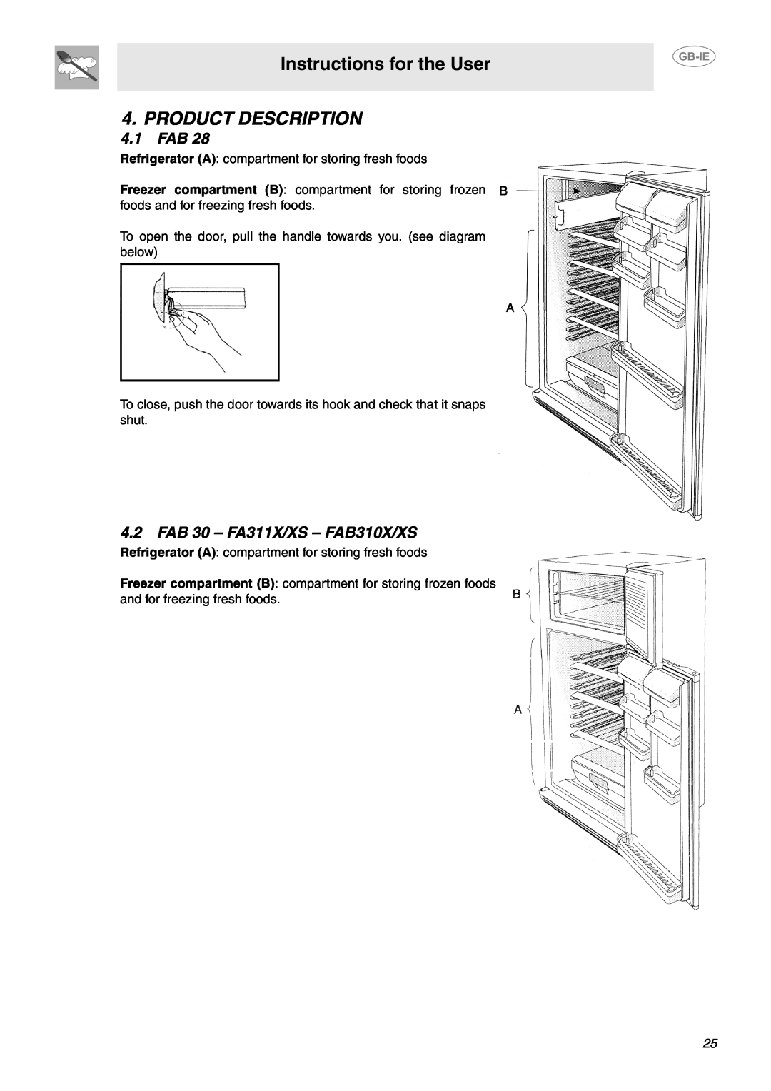 Smeg smeg refrigerator, fab28p Instructions for the User, Product Description, 4.1 FAB, FAB 30 - FA311X/XS - FAB310X/XS 