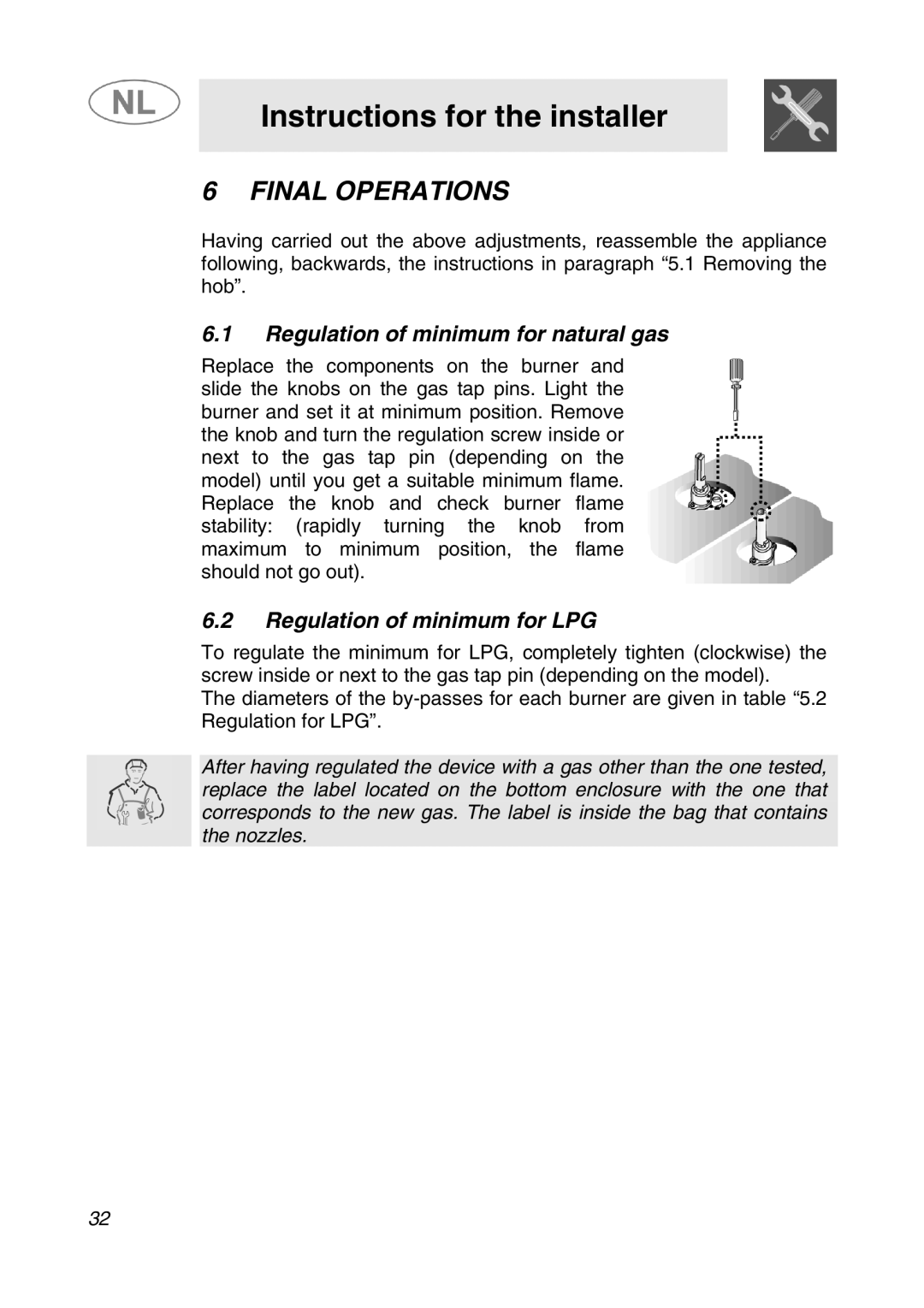 Smeg SNL574GH manual Final Operations, Regulation of minimum for natural gas, Regulation of minimum for LPG 