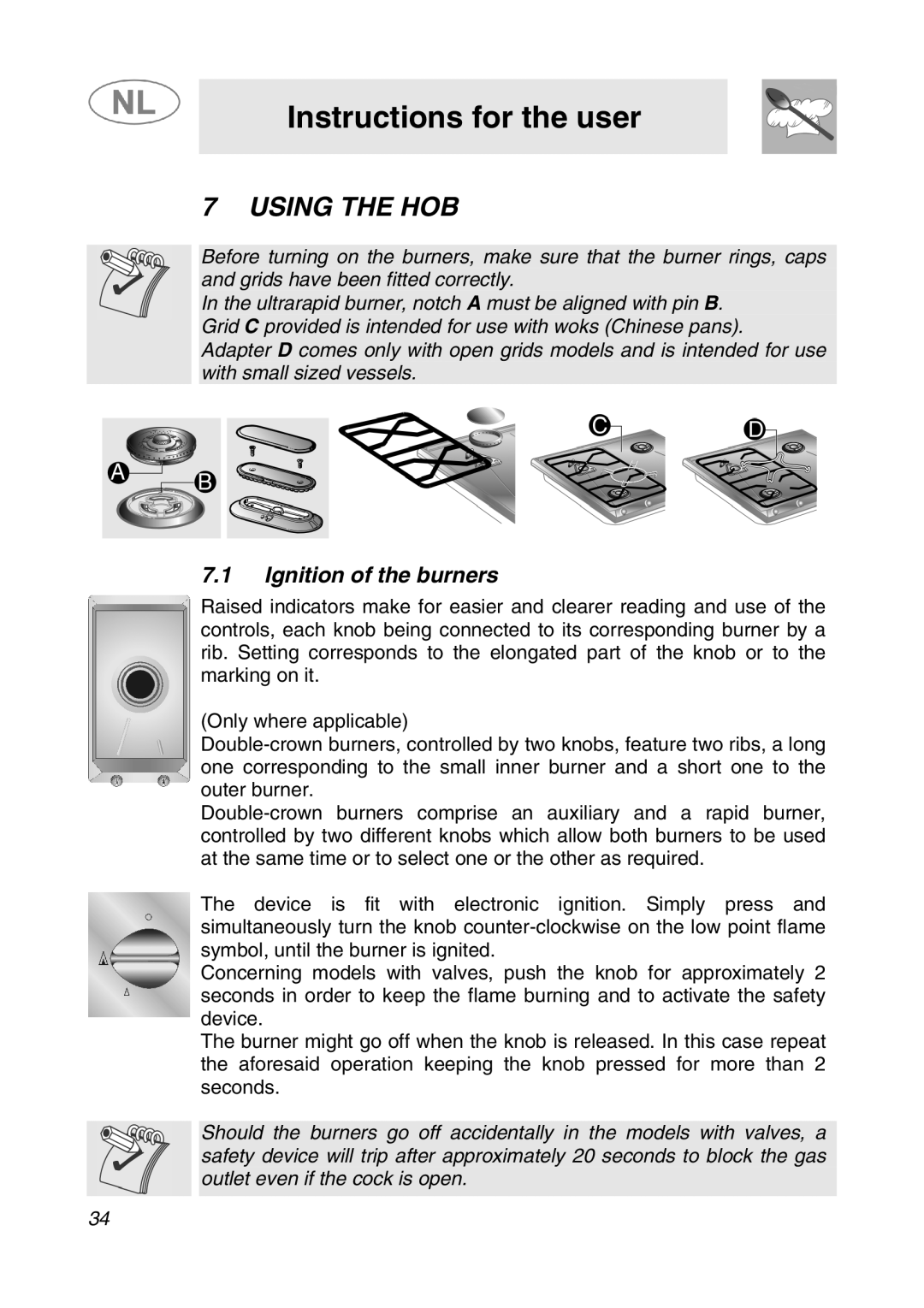 Smeg SNL574GH manual Instructions for the user, Using the HOB, Ignition of the burners 