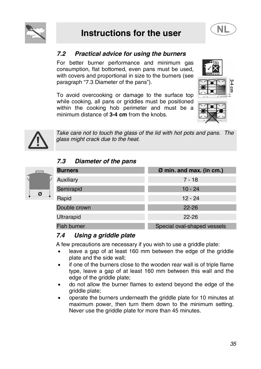 Smeg SNL574GH manual Practical advice for using the burners, Diameter of the pans, Using a griddle plate 