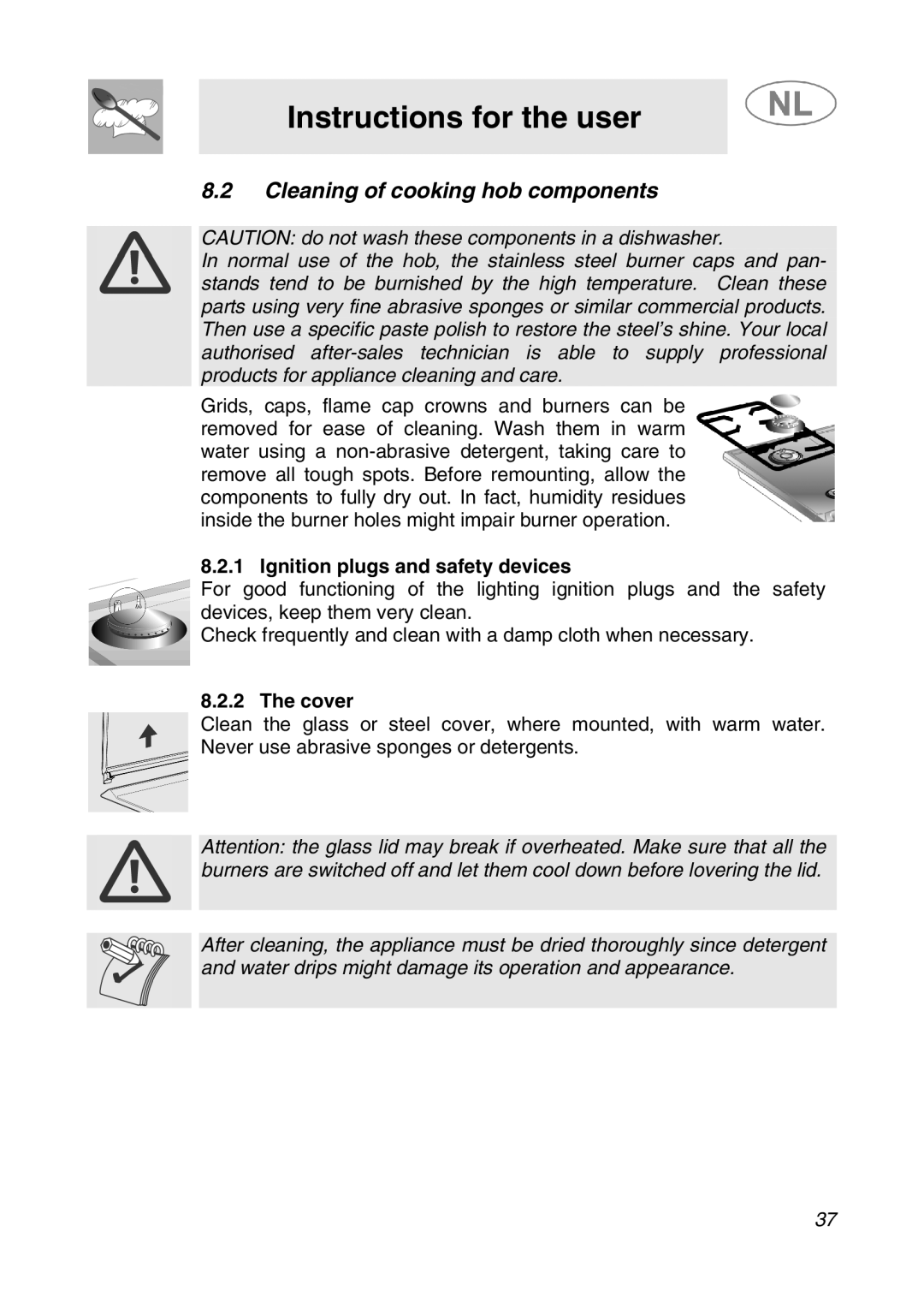 Smeg SNL574GH manual Cleaning of cooking hob components, Ignition plugs and safety devices, Cover 