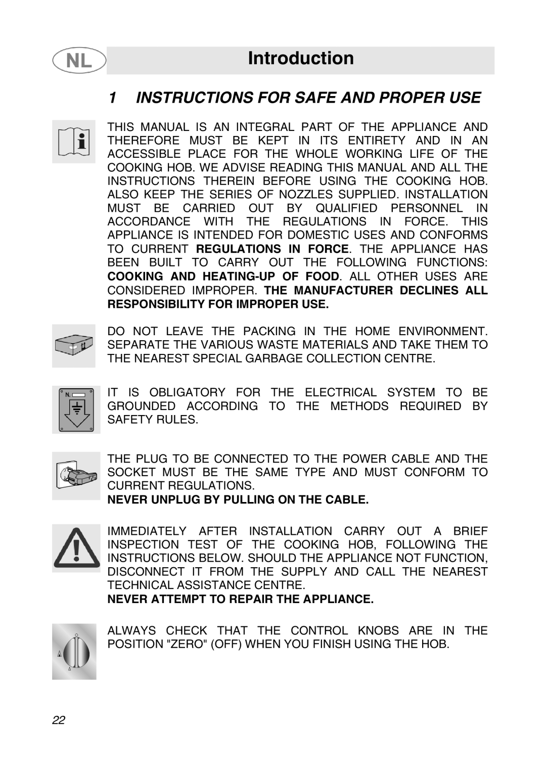 Smeg SNL574GH manual Introduction, Instructions for Safe and Proper USE 