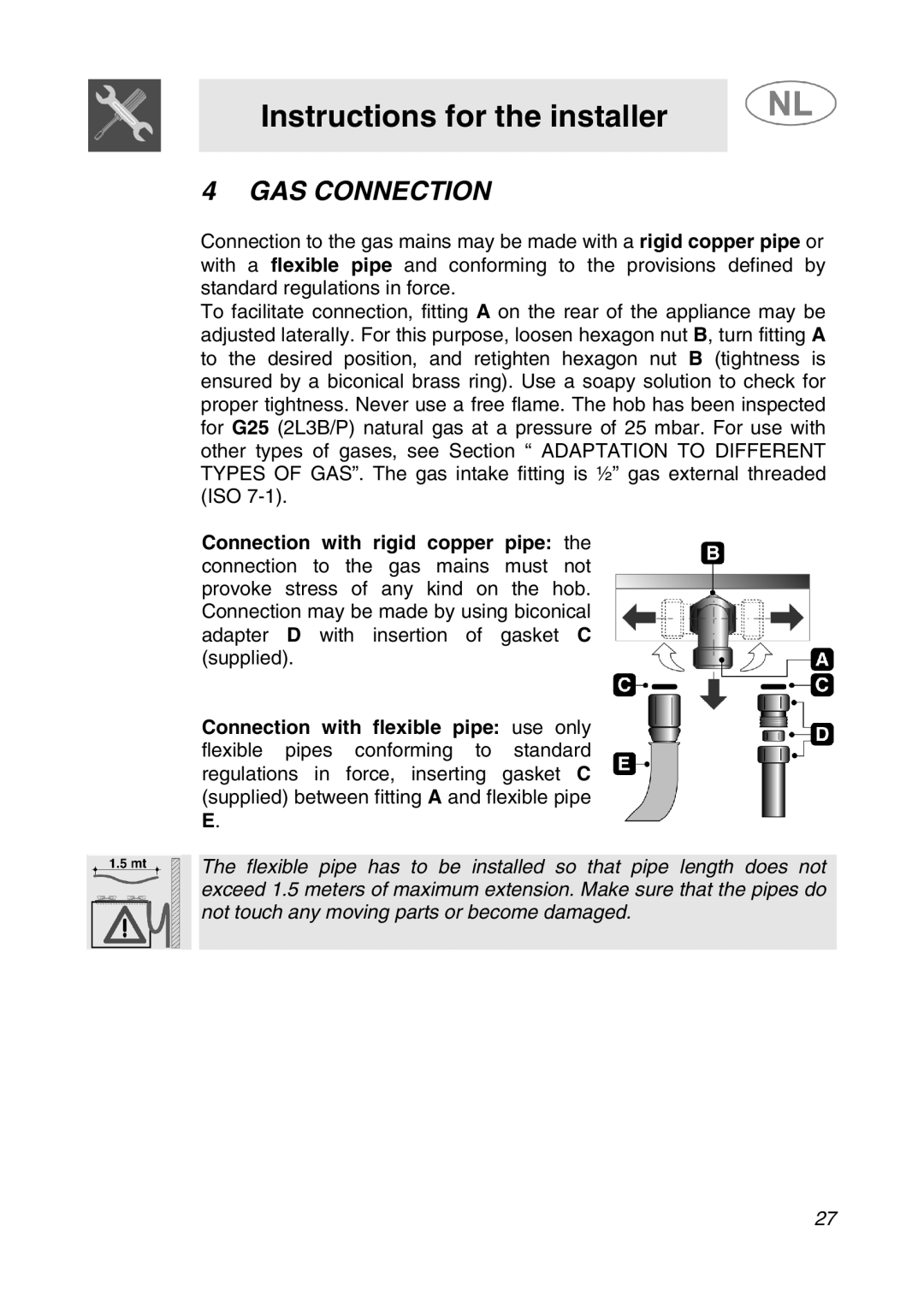 Smeg SNL574GH manual GAS Connection 