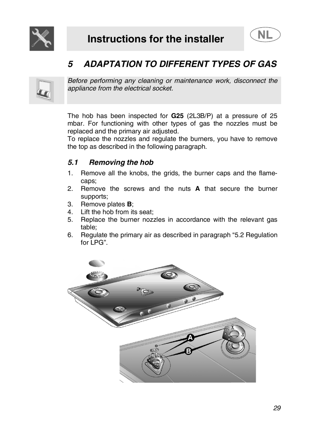 Smeg SNL574GH manual Adaptation to Different Types of GAS, Removing the hob 