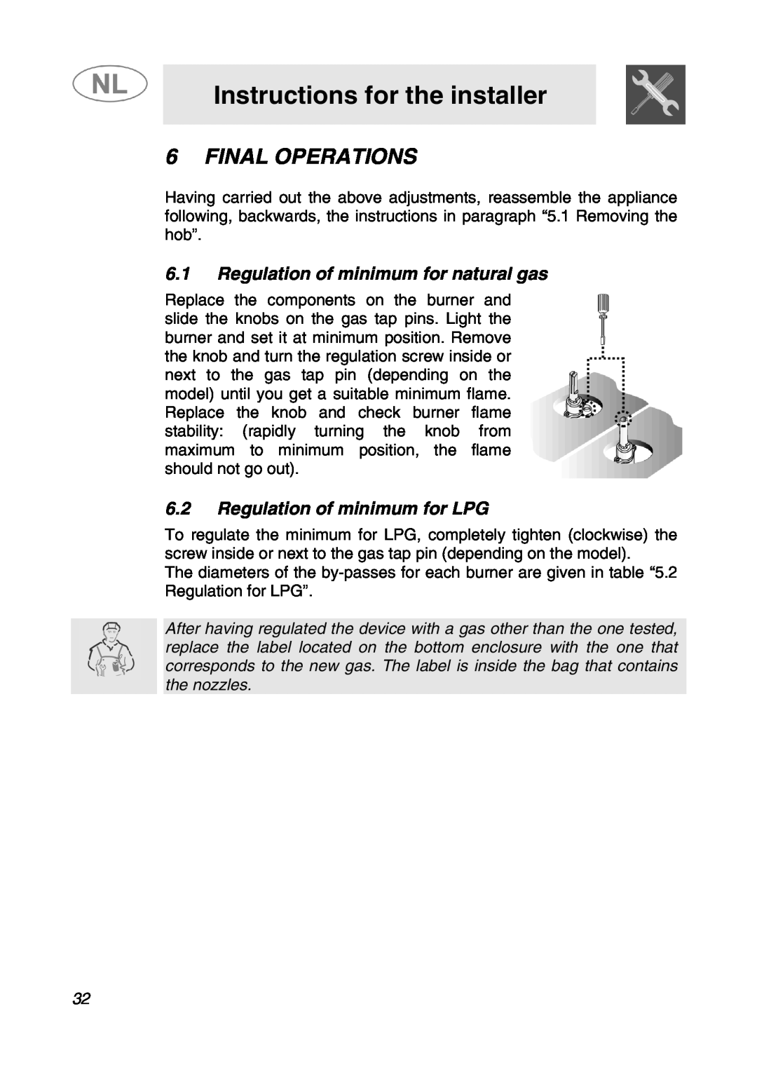 Smeg SNL574GH manual Final Operations, Regulation of minimum for natural gas, Regulation of minimum for LPG 