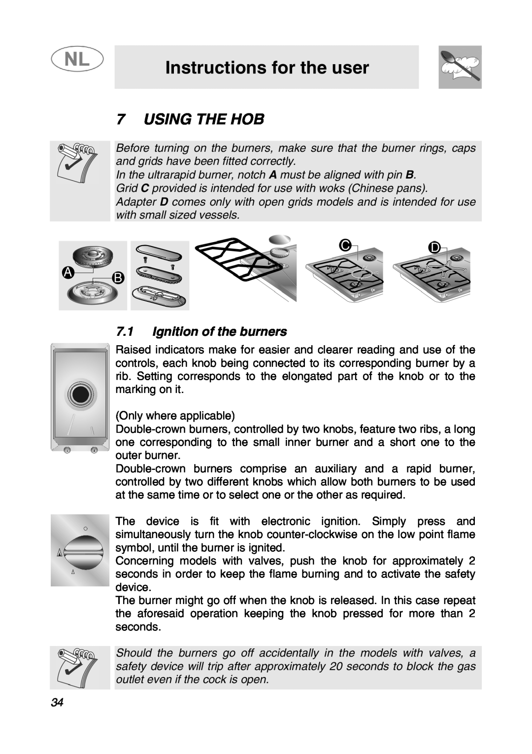 Smeg SNL574GH manual Instructions for the user, Using The Hob, Ignition of the burners 
