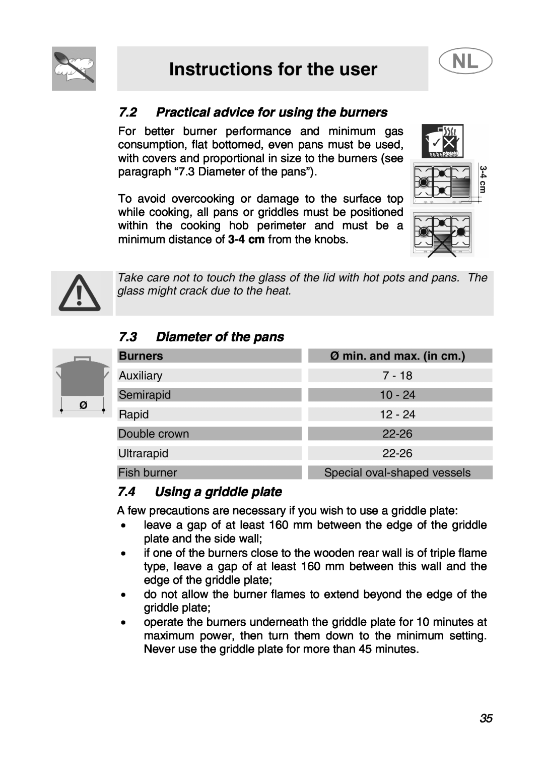 Smeg SNL574GH manual Practical advice for using the burners, Diameter of the pans, Using a griddle plate 