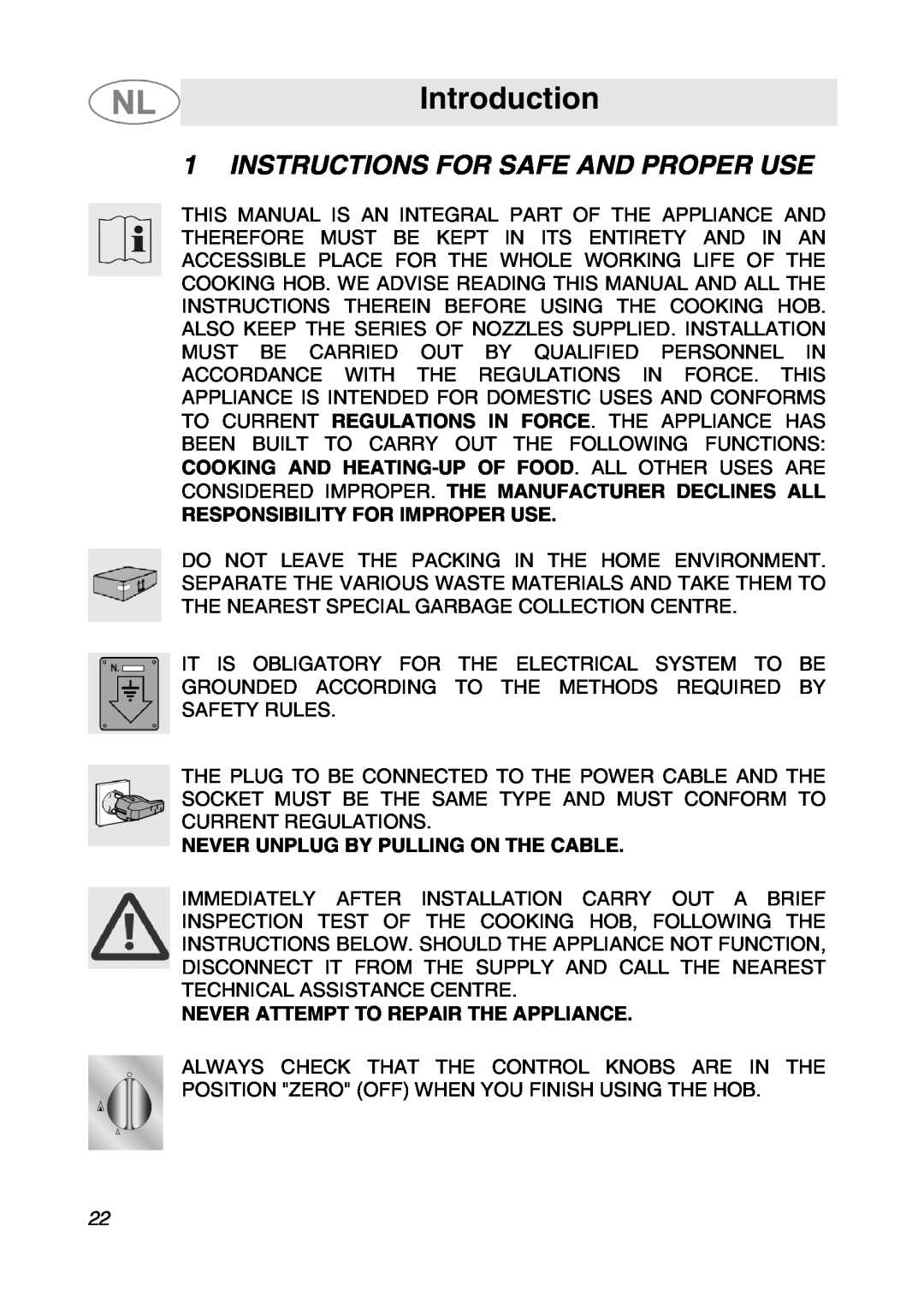 Smeg SNL574GH manual Introduction, Instructions For Safe And Proper Use 