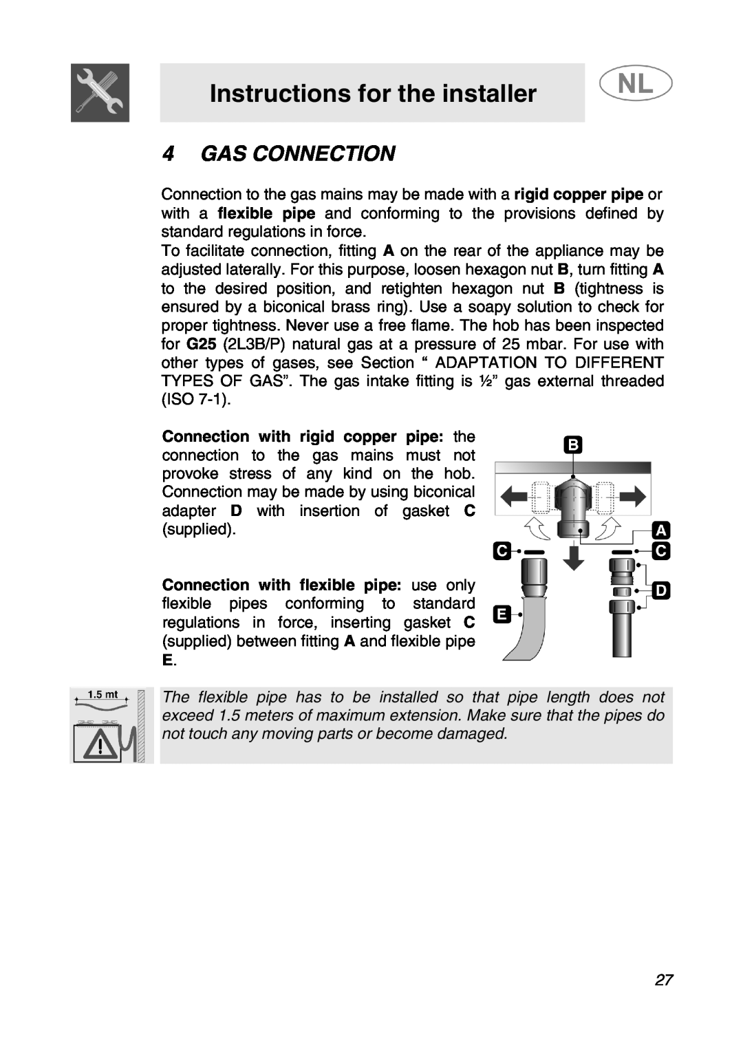 Smeg SNL574GH manual Gas Connection, Instructions for the installer 