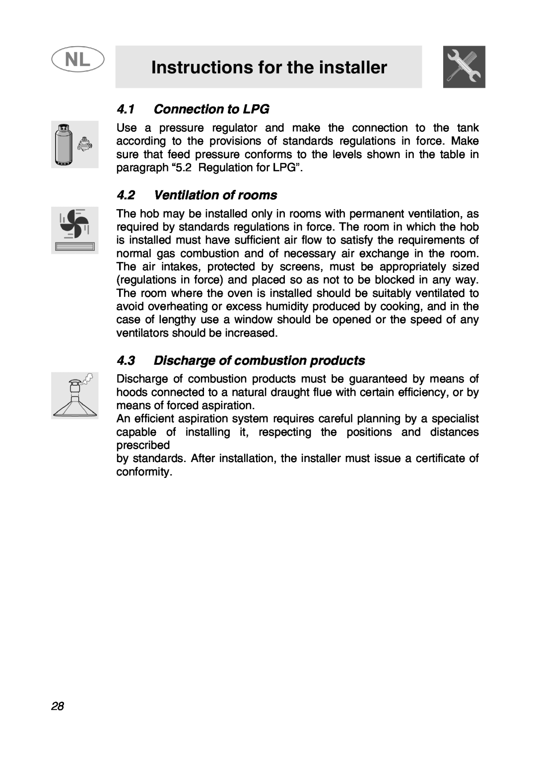 Smeg SNL574GH Connection to LPG, Ventilation of rooms, Discharge of combustion products, Instructions for the installer 