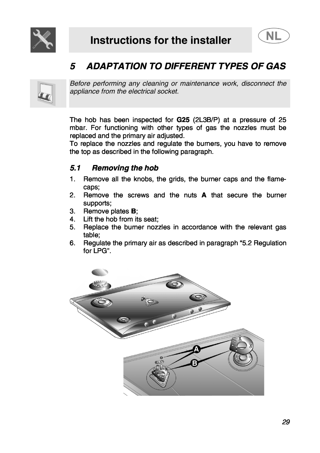 Smeg SNL574GH manual Adaptation To Different Types Of Gas, Removing the hob, Instructions for the installer 
