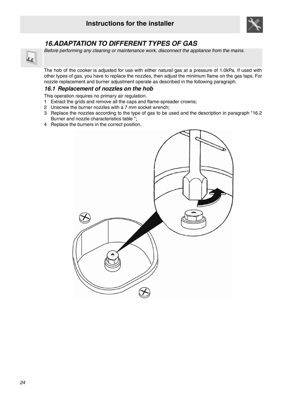 Smeg SNZ106VML manual Adaptation to Different Types of GAS, Replacement of nozzles on the hob 