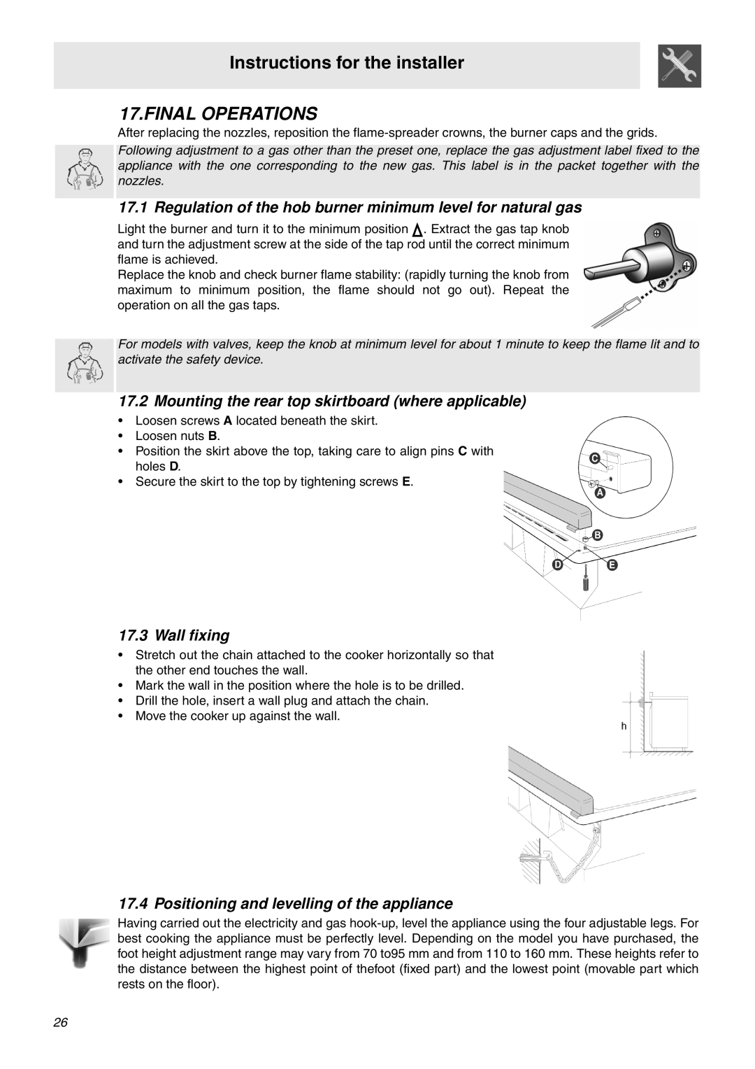 Smeg SNZ106VML manual Final Operations, Regulation of the hob burner minimum level for natural gas, Wall fixing 