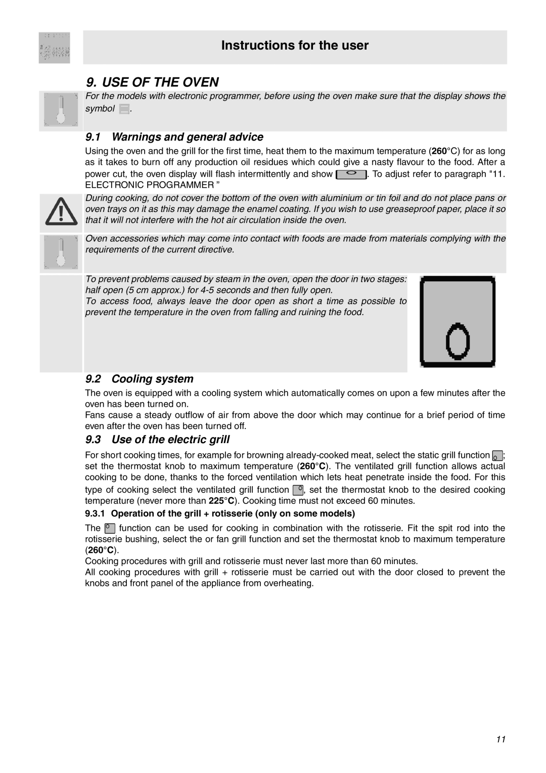 Smeg SNZ106VML manual USE of the Oven, Cooling system, Use of the electric grill 