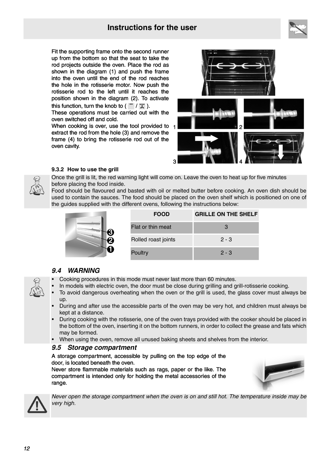 Smeg SNZ106VML manual Storage compartment, Instructions for the user, How to use the grill, Food, Grille On The Shelf 