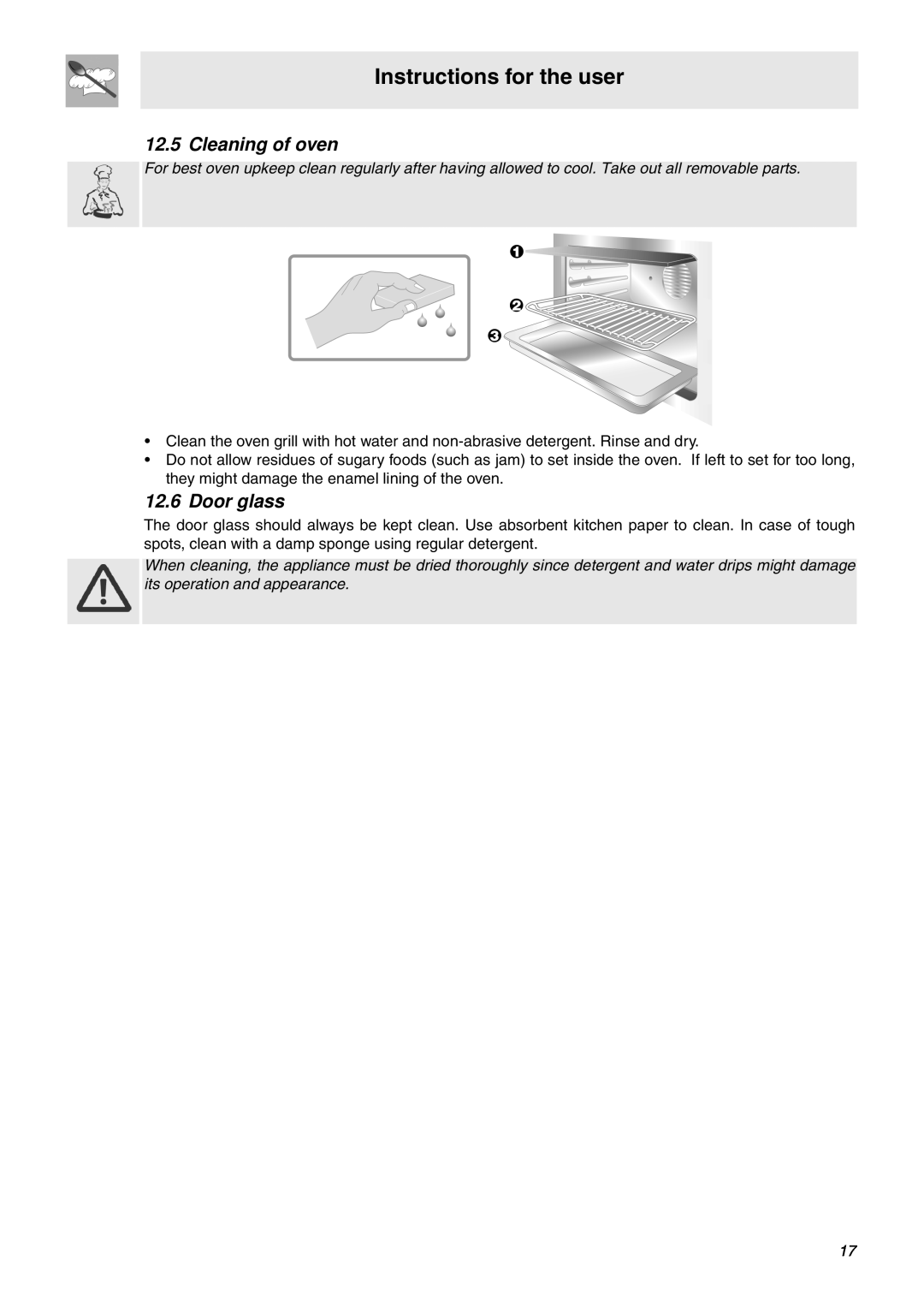Smeg SNZ106VML manual Cleaning of oven, Door glass, Instructions for the user 