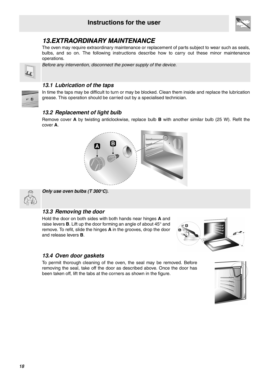 Smeg SNZ106VML manual Extraordinary Maintenance, Lubrication of the taps, Replacement of light bulb, Removing the door 