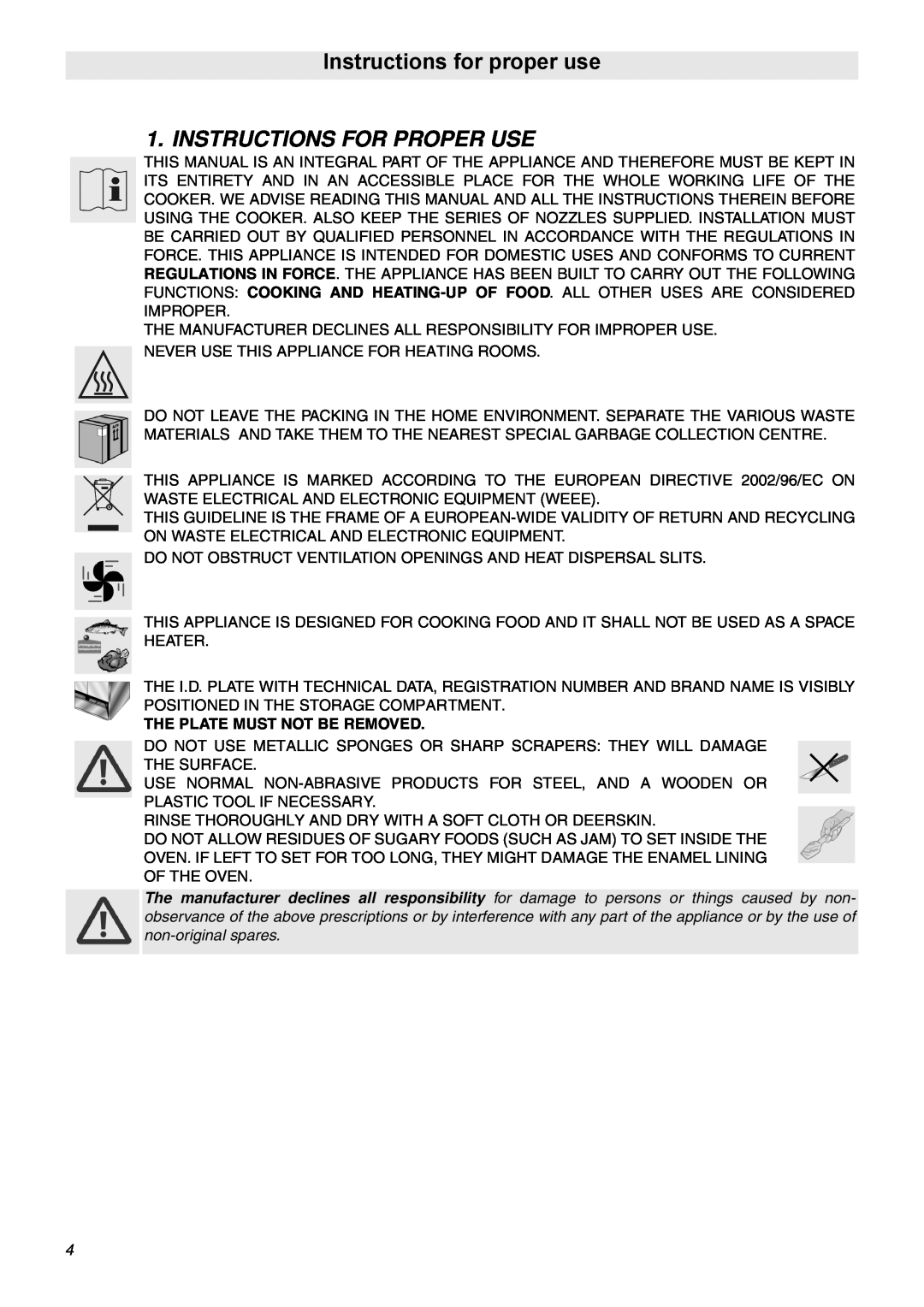Smeg SNZ106VML manual Instructions for proper use, Instructions For Proper Use 
