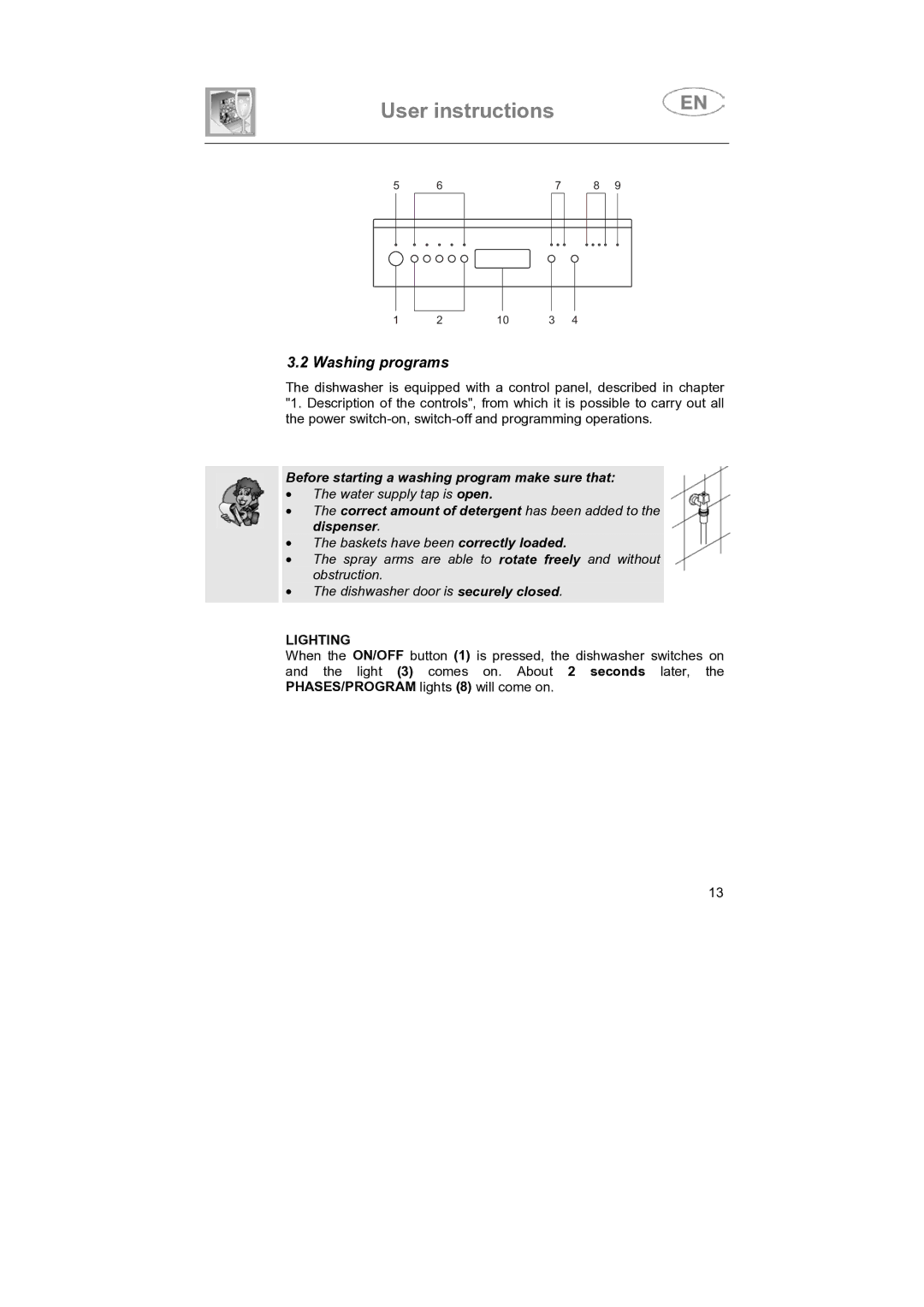 Smeg SNZ414IS, SNZ414S instruction manual Washing programs, Lighting 