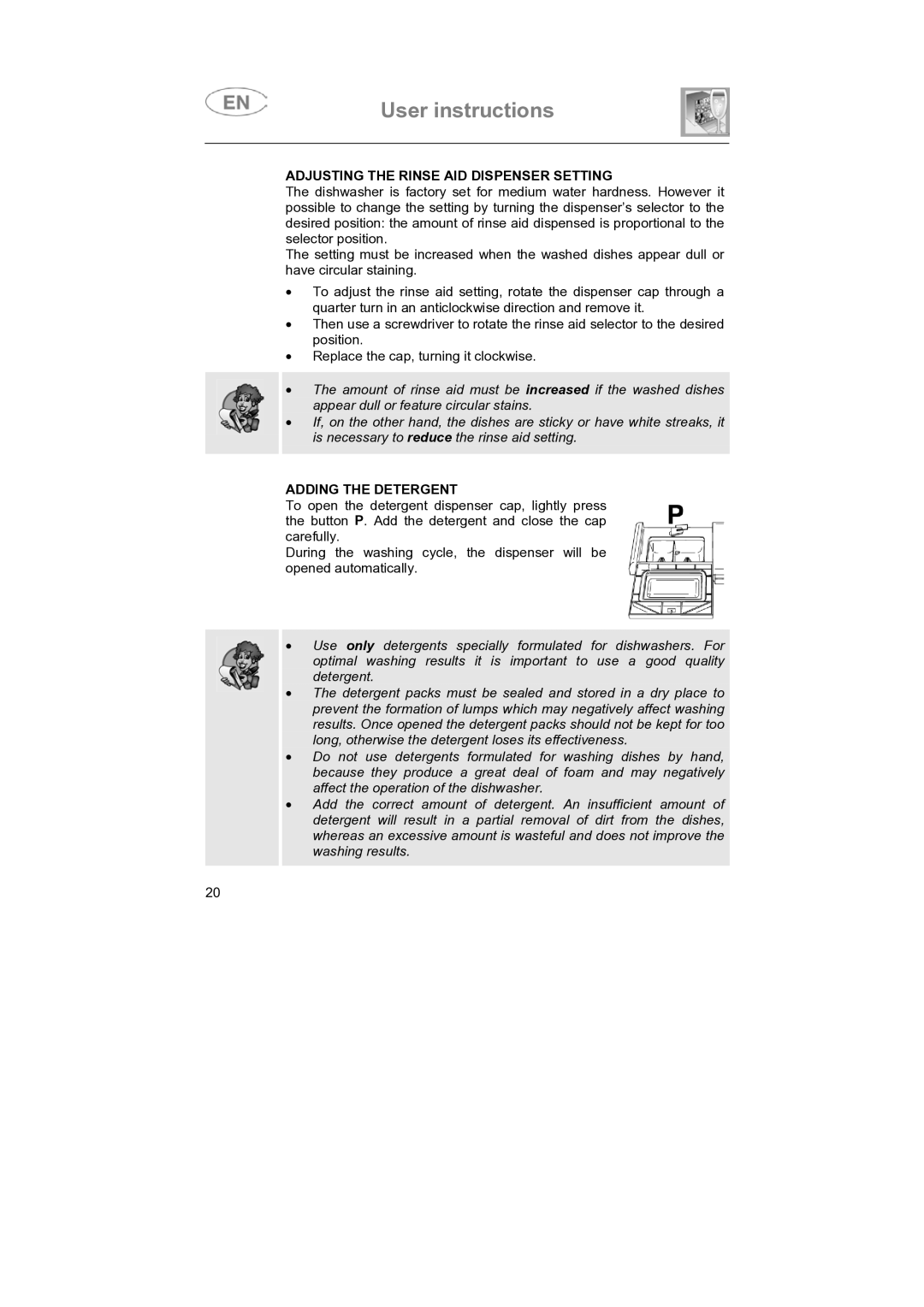 Smeg SNZ414S, SNZ414IS instruction manual Adjusting the Rinse AID Dispenser Setting, Adding the Detergent 