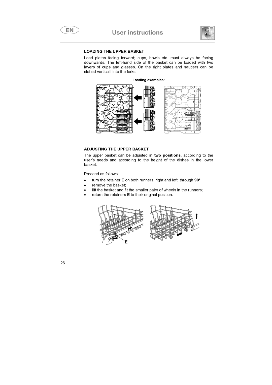 Smeg SNZ414S, SNZ414IS instruction manual Loading the Upper Basket, Adjusting the Upper Basket 