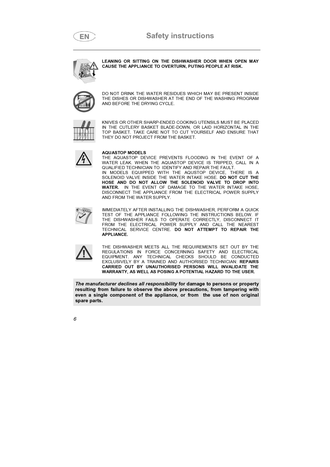 Smeg SNZ414S, SNZ414IS instruction manual Aquastop Models 