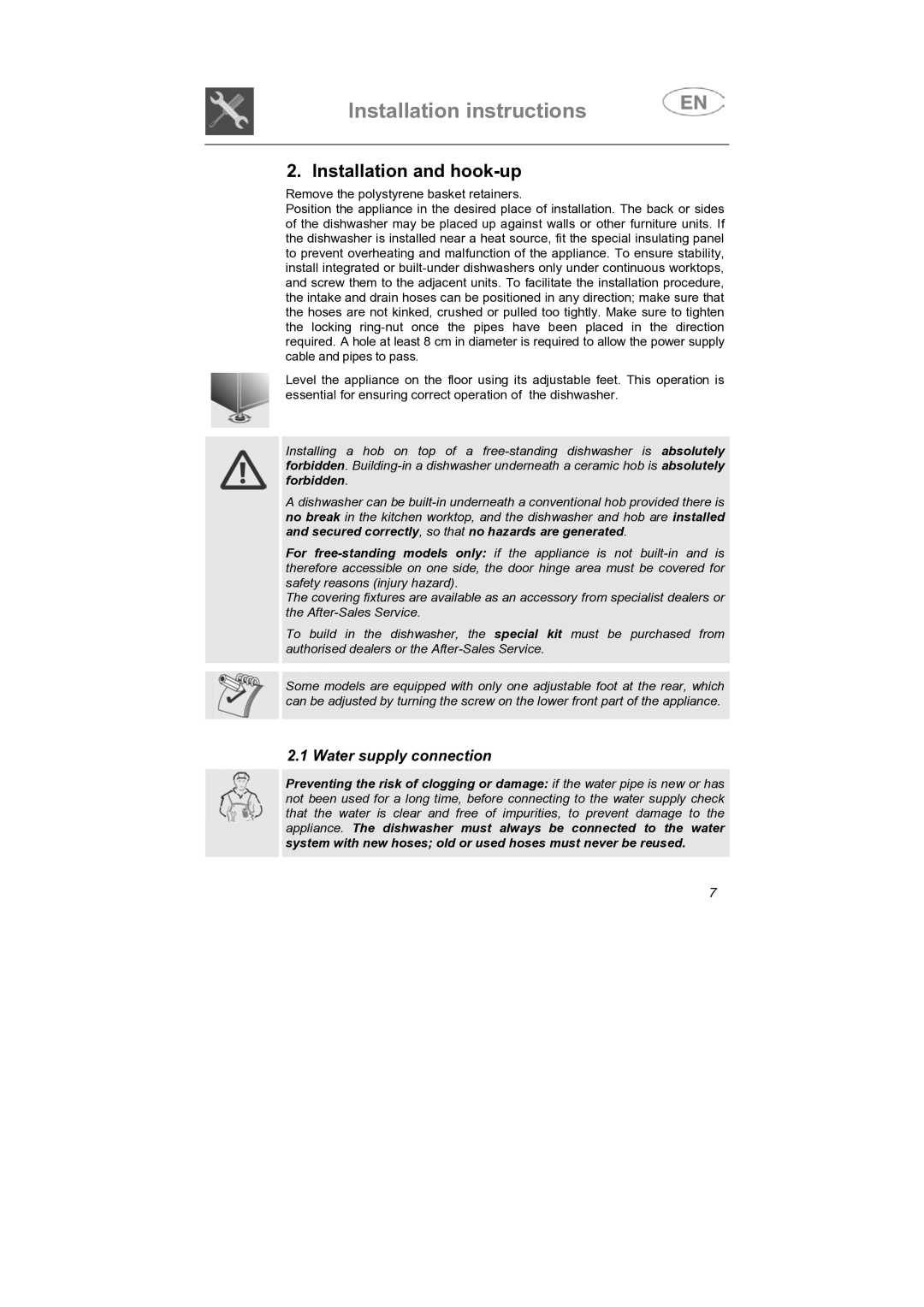 Smeg SNZ414IS, SNZ414S instruction manual Installation and hook-up, Water supply connection 