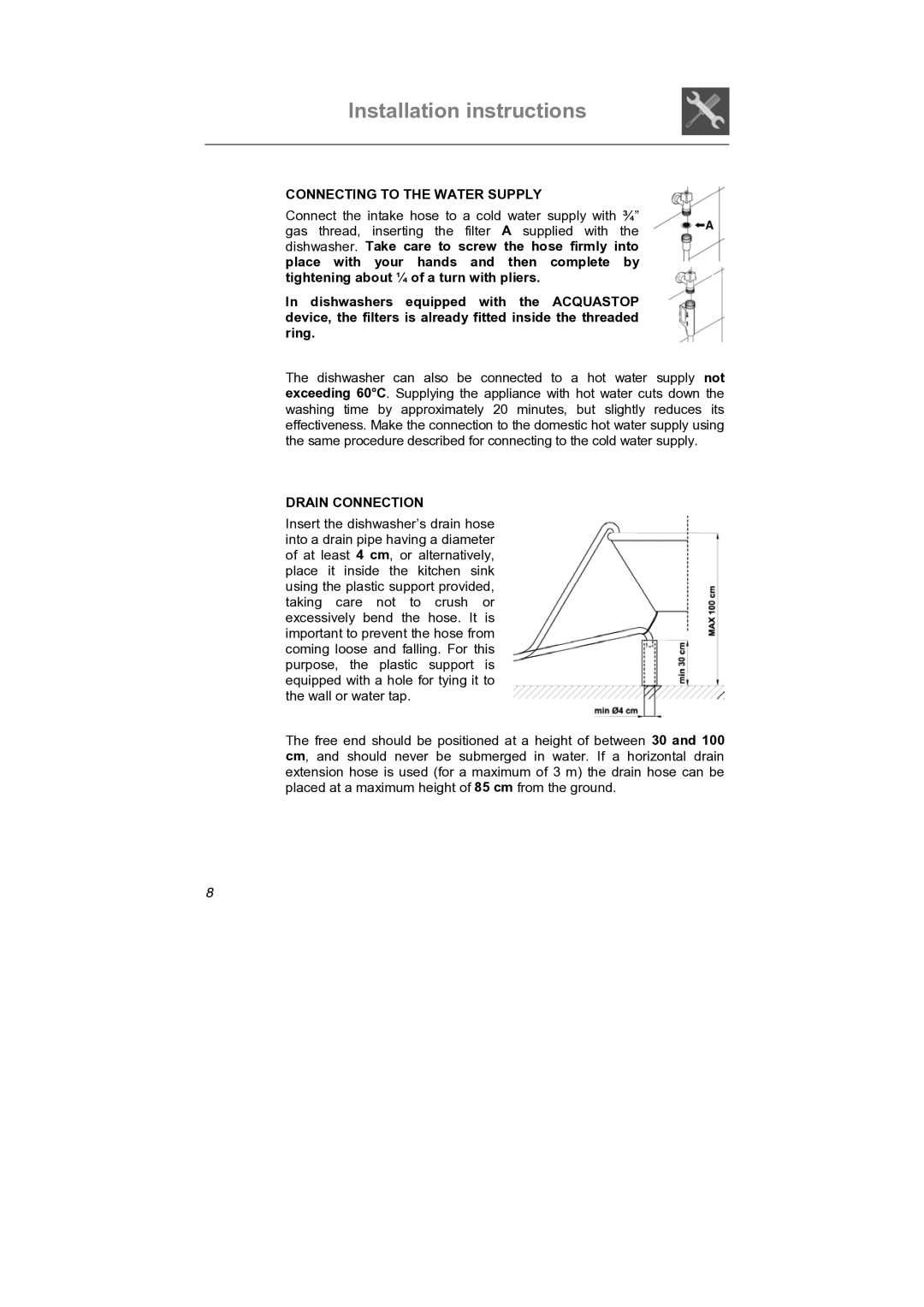 Smeg SNZ414S, SNZ414IS instruction manual Connecting to the Water Supply, Drain Connection 