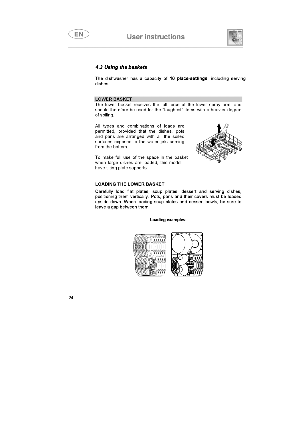 Smeg SNZ414S, SNZ414IS instruction manual Using the baskets, User instructions, Loading The Lower Basket 
