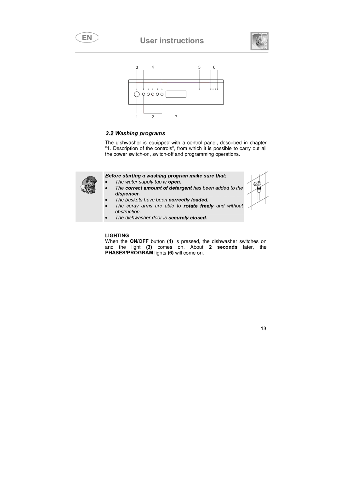 Smeg SNZ4427, SNZ442S instruction manual Washing programs, Lighting 